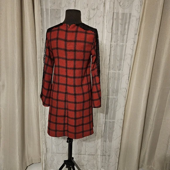 Gianni Bini Red Black Lace Plaid Whimsigoth Business Casual Midi Dress XS - Picture 2 of 16